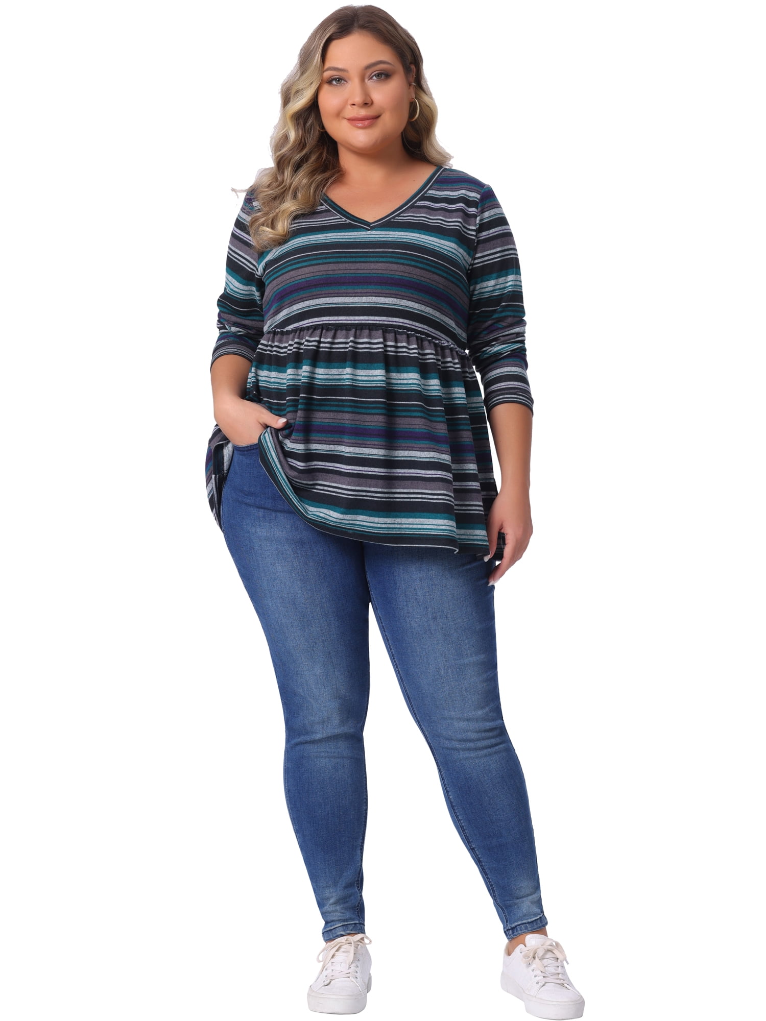 DARING DIVA Women's Plus V Neck Stripe Peplum Knit Blouse 2X Blue