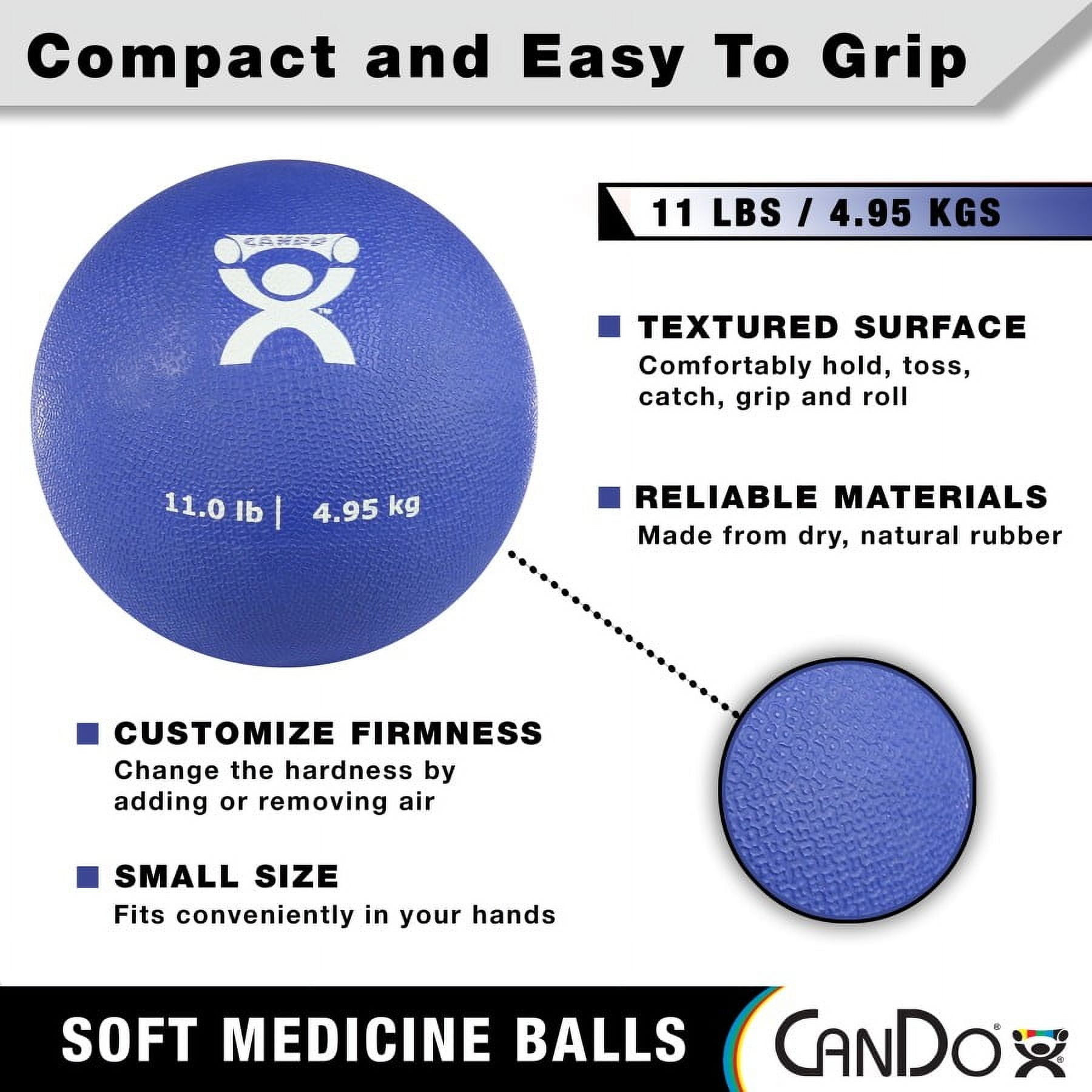 CanDo Soft Medicine Ball 7" Diameter 11lb Blue Exercise Ball for Physical Therapy and Fitness Exercises, Easy Grip Rubber Weighted Ball for Workouts
