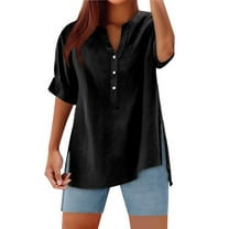 Lixiuxyad Summer Shirts Women's V Neck Button Down Shirt Casual Summer Tops With Side Slit