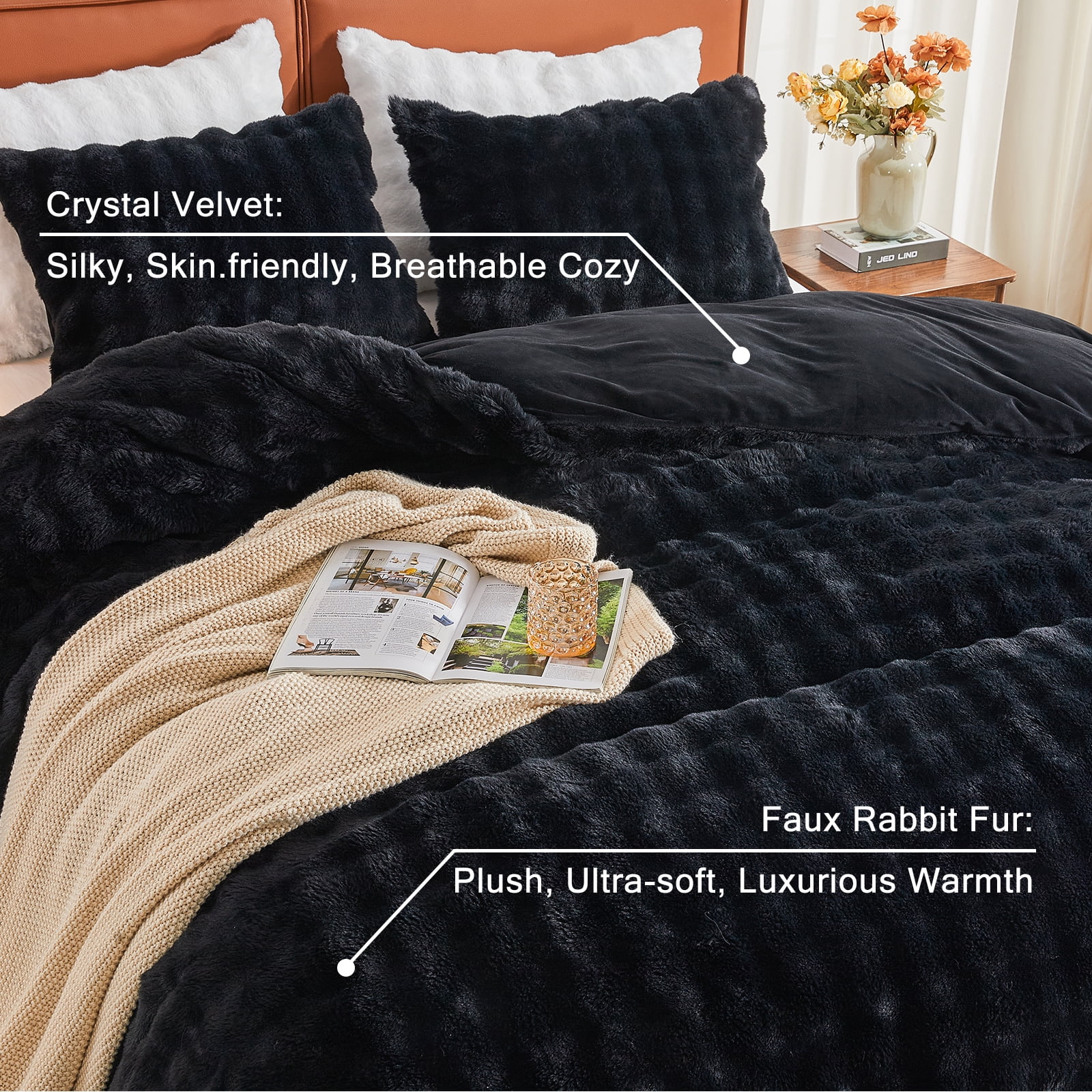 EMME Faux Fur Duvet Cover Twin-XL Size, 2 Pieces Ultra Soft Fluffy Comforter Cover, Cozy Warm for Winter, Luxury Shaggy Bubble Bedding Sets , 1 Duvet Cover & 1 Pillow Shams (Twin-XL,Black)