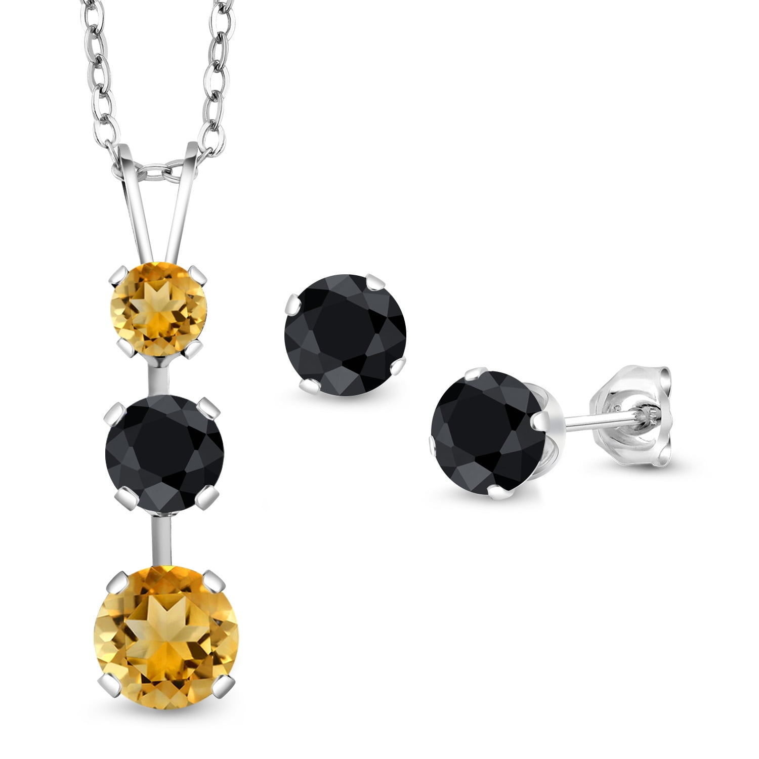 Gem Stone King 925 Sterling Silver Yellow Citrine and Black Sapphire Pendant and Earrings Jewelry Set for Women (3.13 Cttw, Gemstone November Birthstone, with 18 inch Chain)