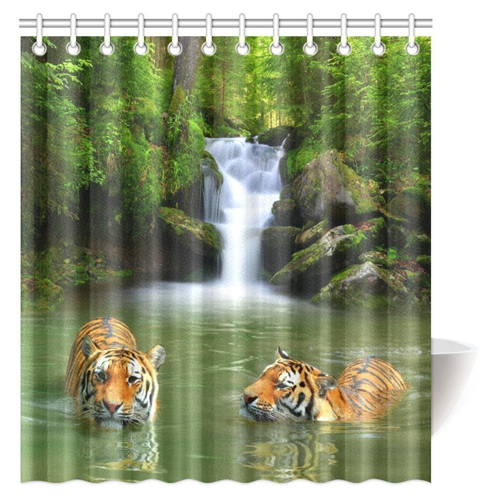 MYPOP Tiger Safari Decor Shower Curtain, Siberian Tigers in Water Waterfall Pool Woodland