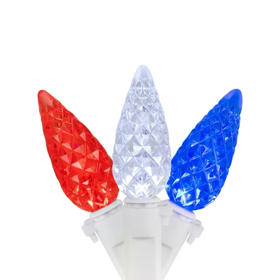 Northlight Patriotic LED C6 Faceted Christmas Lights - Red, White and Blue - 16.5' White Wire - 50ct