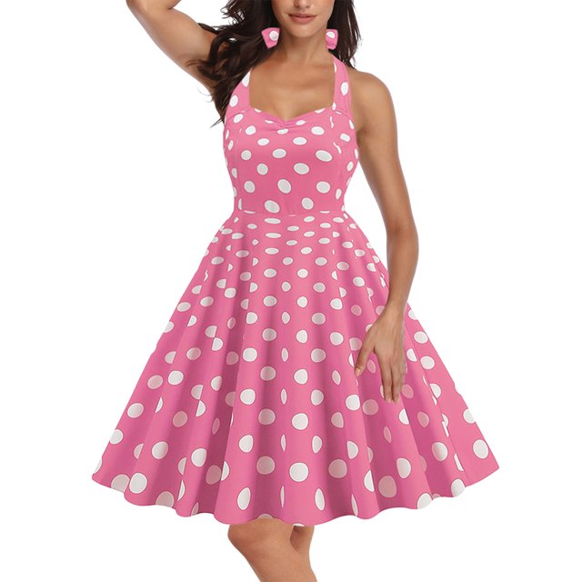 ZAXARRA Robe d'Été Mini Sans Manches pour Femmes Rose Élégante Col Licou à Pois Robe de Soirée Fluide