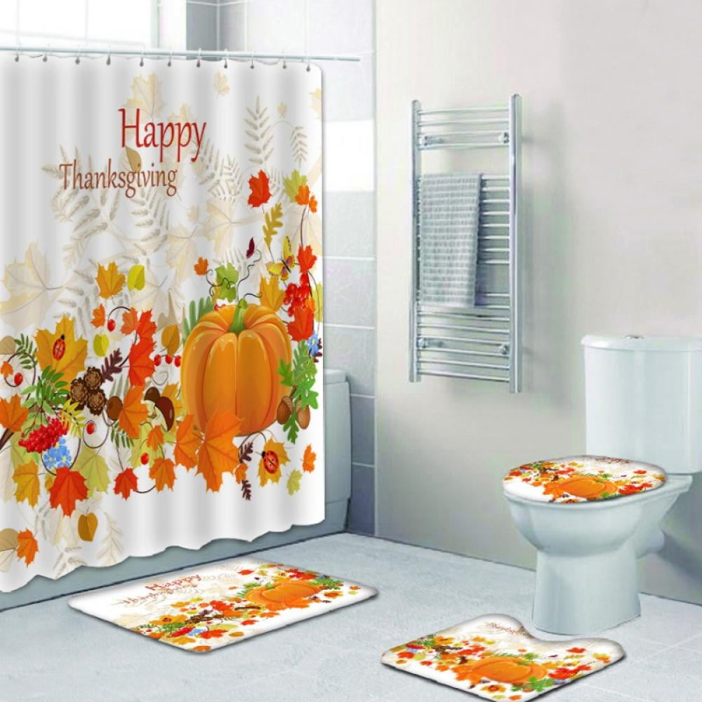 Fall Harveest Pumpkin Thanksgiving Shower Curtain Set Waterproof Fabric Hooks LB 