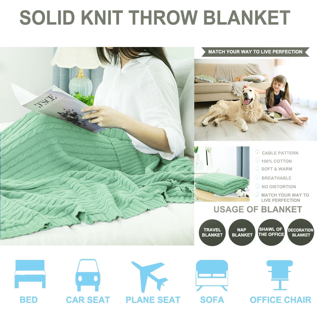 Unique Bargains 100% Cotton Soft Cable Knit Blanket Light Green Full(70" x 78")