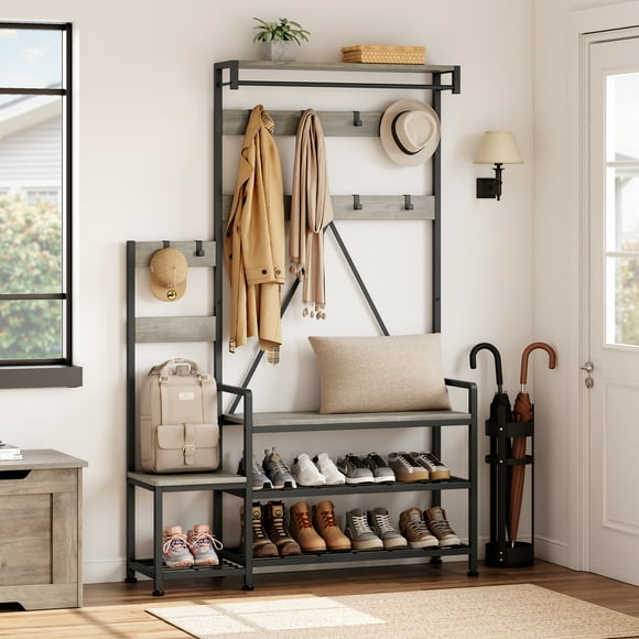 Bingirl Hall Tree with Bench and Shoe Storage Parent-Child Coat Rack Shoe Bench Industrial Coat Tree Entryway Organizer