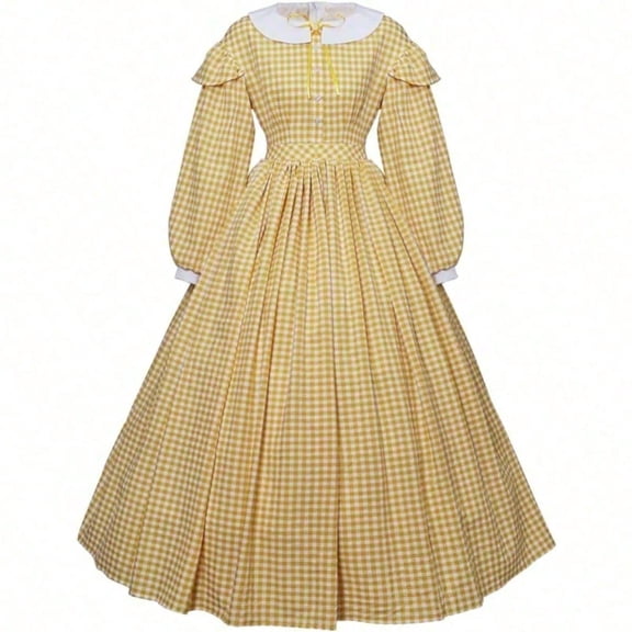 Women's Civil War Dress Victorian Dickens Costume Yellow Plaid Skirt