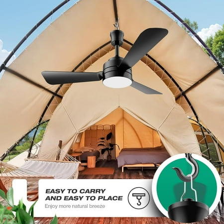 28 Inch Portable Ceiling Fan with Light, Plug-in Hanging Hook LED Fan for Camping Bed, Remote & App Control, 3 Color Temps, 6 Speeds, Black