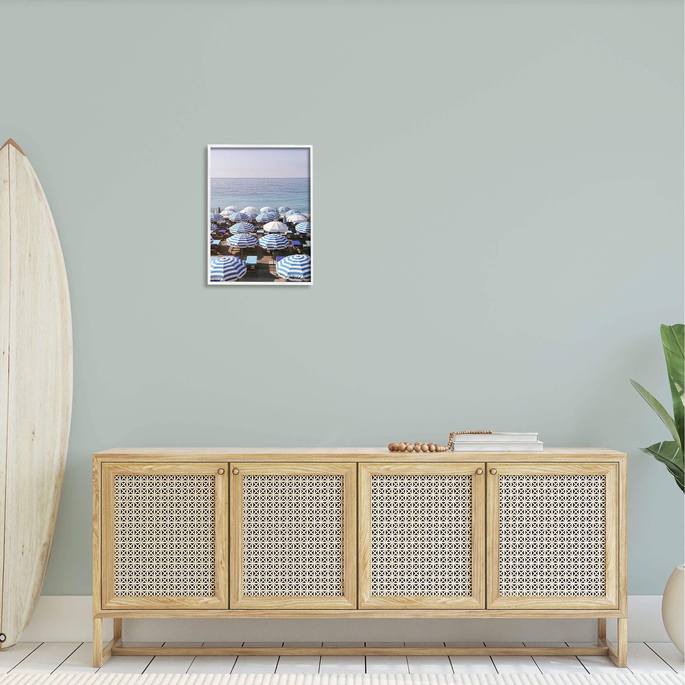 Beach Umbrellas Clear Summer Sky Coastal Photograph White Framed Art Print Wall Art