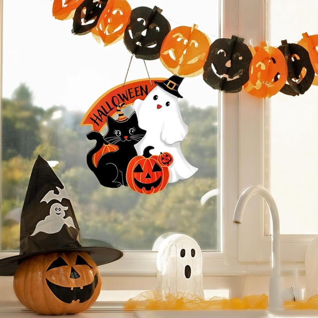 Decoración colgante de Halloween | Diseño de Gato Negro Calabaza Fantasma | Adorno festivo naranja y negro | Lindo sombrero de bruja con caras sonrientes | Mediano 29cm x 28cm | Decoración de Pared
