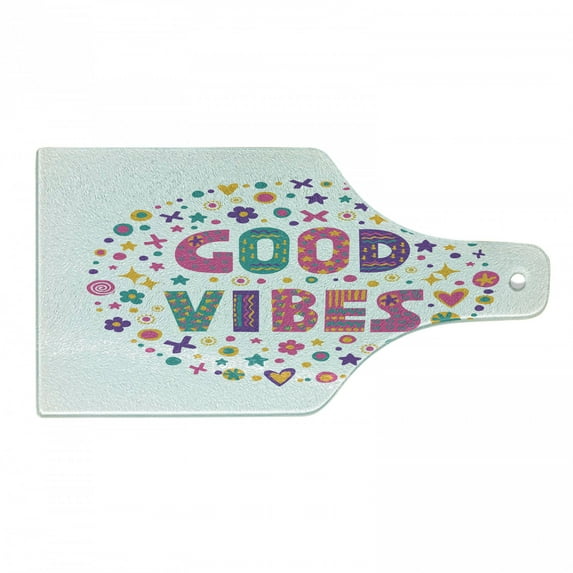 Chill Cutting Board, Word Art Theme Doodle Cartoon Positive Hippie Cheerful, Decorative Tempered Glass Cutting and Serving Board, Wine Bottle Shape, Multicolor, by Ambesonne