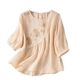 thumbnail image 2 of Qulqfy Scoop Neck Blouse for Women Casual Solid Loose Fit 3/4 Length Sleeve Cotton Linen Flowy Cute Pleat Fall Tops for Women Trendy Yellow L, 2 of 7