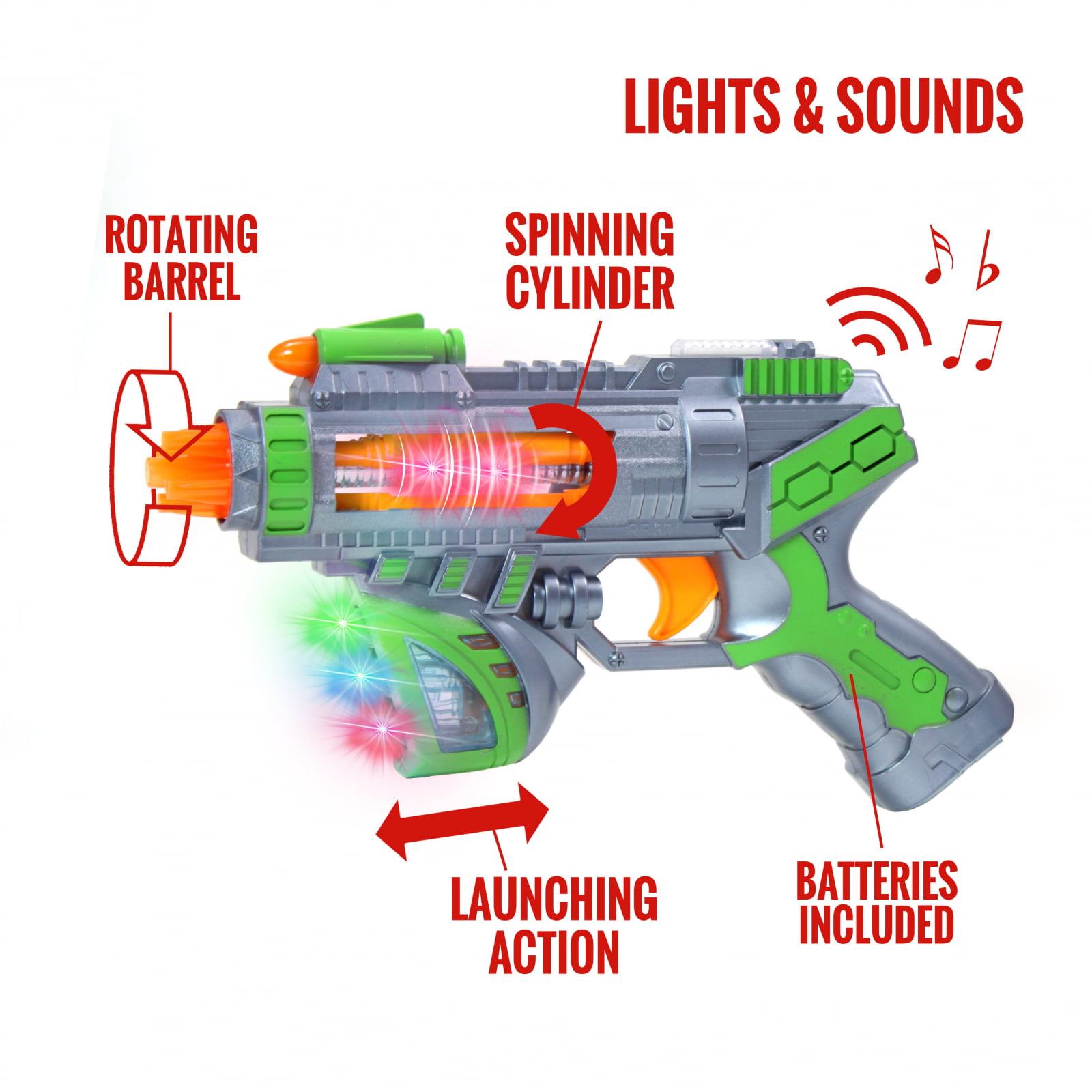 Light Up Flashing Barrel Roll Space Spin Gun With Sound 