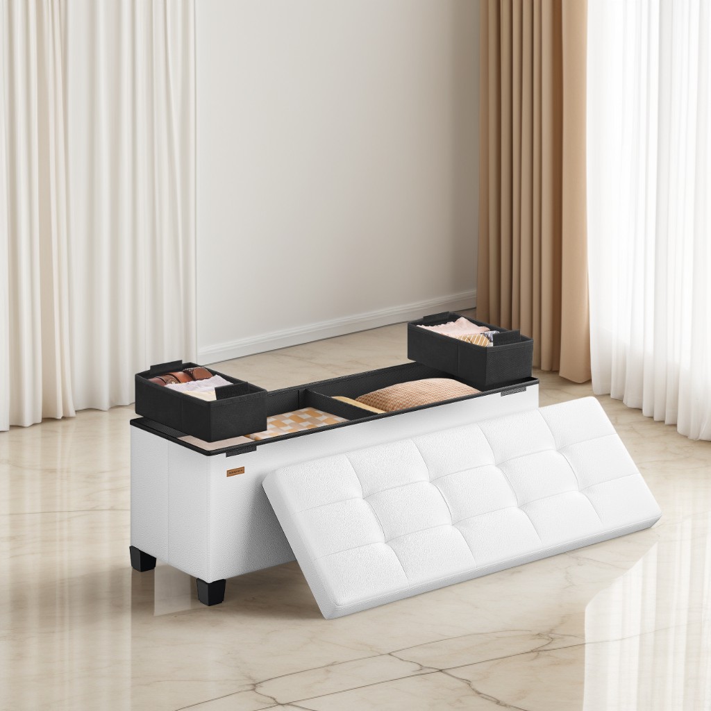 LEDREM 43-Inch Storage Ottoman Bench, 660 lb Capacity Foldable Footrest with 30 Gallon Storage, Synthetic Leather, Cloud White