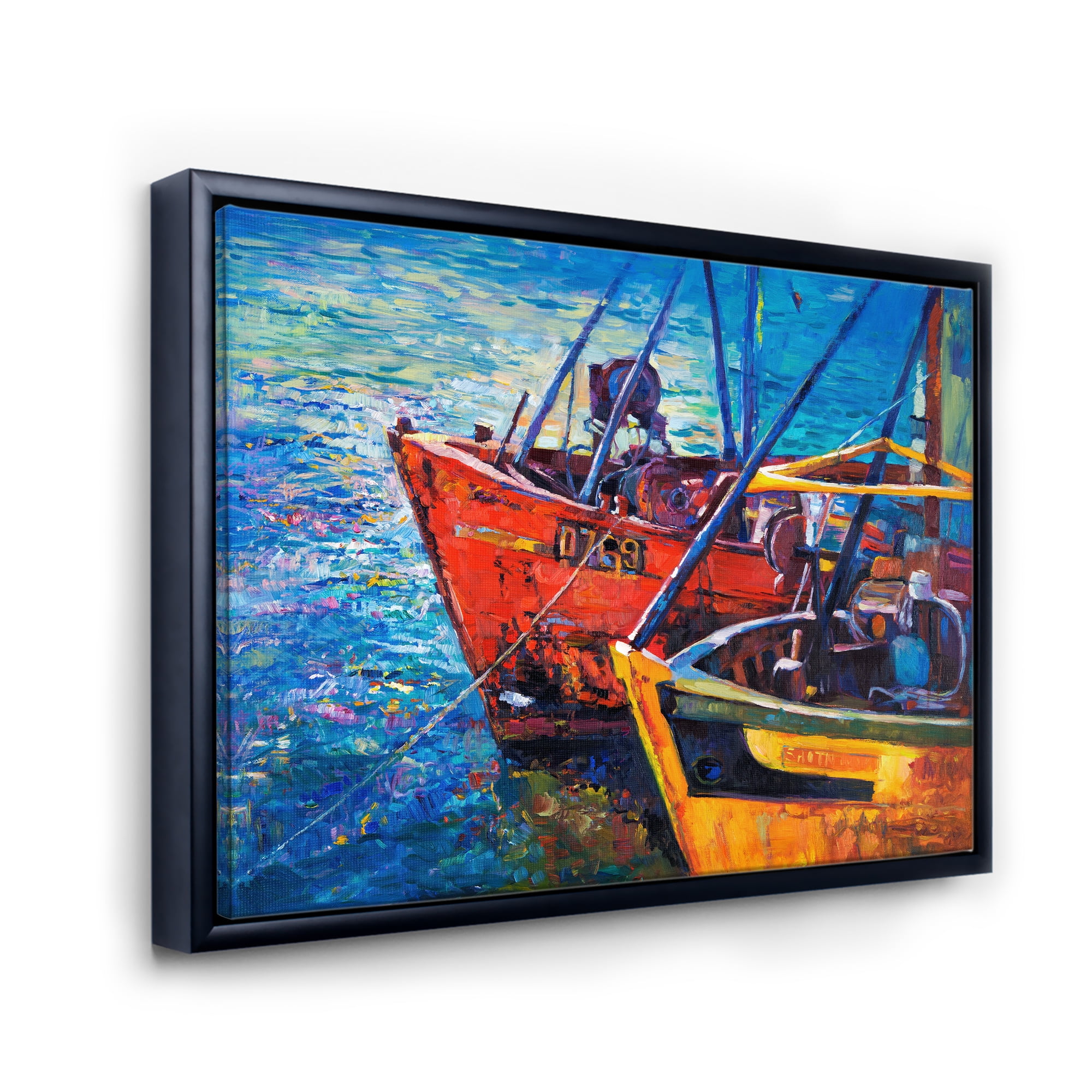 Designart 'Boats During Warm Sunset Resting On The Water VII' Nautical & Coastal Framed Canvas Wall Art Print