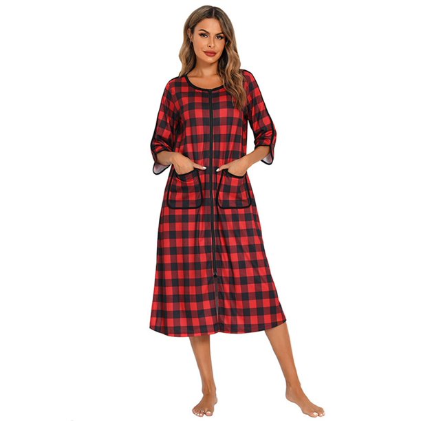 EFINNY Women's 3/4 Sleeve Housecoat Cotton Loose Zipper Front