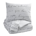 thumbnail image 1 of Benjara BM227610 Ensemble de Couette Très Grand en Tissu 3 Pcs avec Imprimé Script, Blanc & Gris, 1 of 5