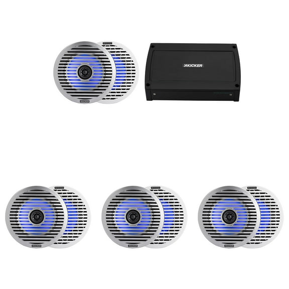 Kicker Marine 4 Ch Amp & ( 4 pair ) 6.5" LED Thin Coaxial Speaker Audio Upgrade ( 48KXMA500.4, 51KM614FL)