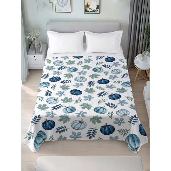 Queen Flat Sheet Only Thanksgiving Pumpkin Maple Leaves Soft Microfiber Cooling Bedding Sheets Fall Harvest Blue Teal Flat Bed Sheet for Hotel,Home Decor