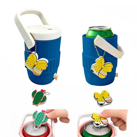 Mini Water Cooler Can Holder for 12oz Slim & Standard Cans, 3D Printed Insulated Sleeve with Straw & Charm Opener (Blue, Standard Can Bottle Opener)
