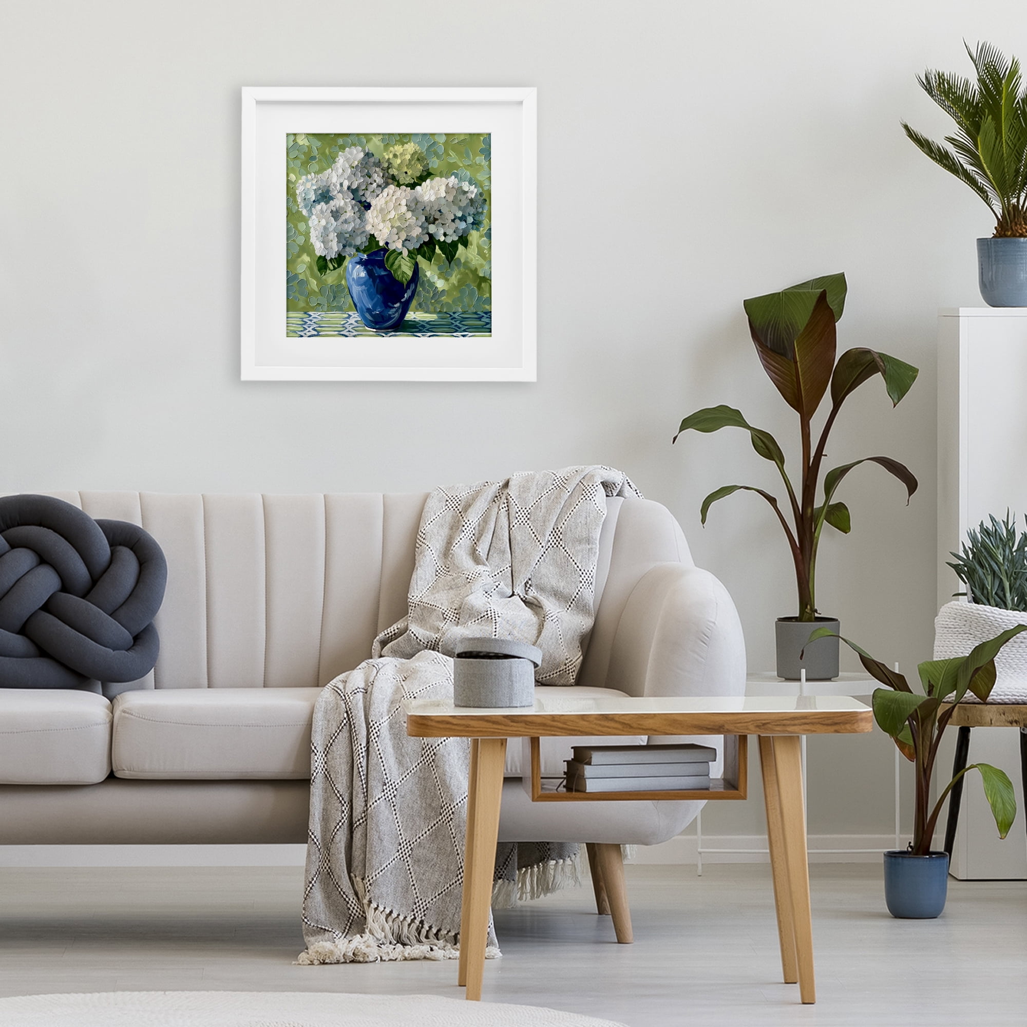 Stupell Industries White Hydrangeas in Blue Vase White Framed Print Under Glass, design by Gina Kelly