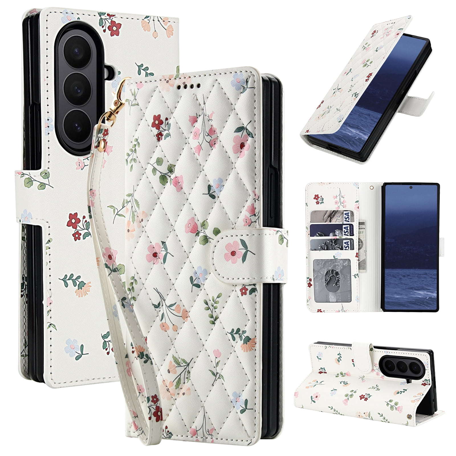 ELEHOLD for Samsung Galaxy Z Fold 7 Wallet Case, Floral Flower PU Leather Shockproof Flip Kickstand Card Slots Wallet Phone Case With Wrist Strap For Women Girl,Pink