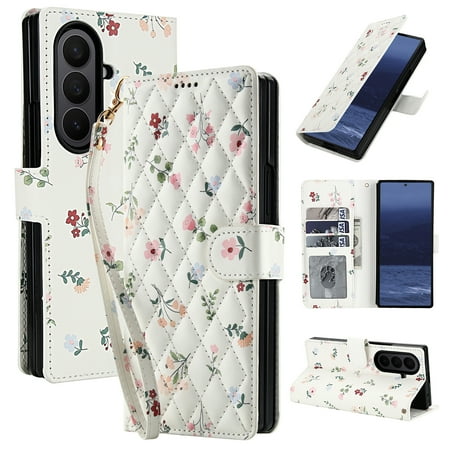 Decase for Samsung Galaxy Z Fold 7 Wallet Case with Card Holder,Fashion PU Leather Phone Case,Flip Flower Pattern Cover,Shockproof TPU Inner Shell,A