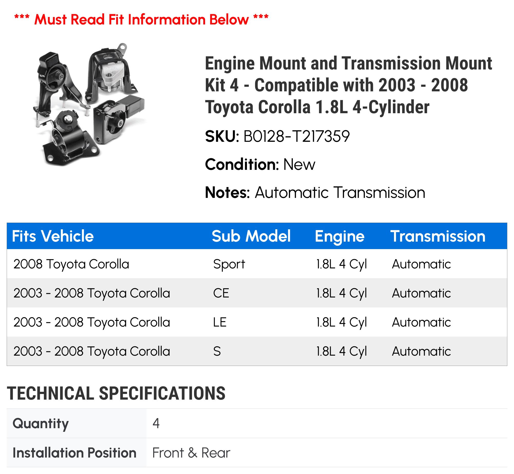 Engine Mount and Transmission Mount Kit 4 - Compatible with 2003 - 2008 Toyota Corolla 1.8L 4-Cylinder - Autopart Premium