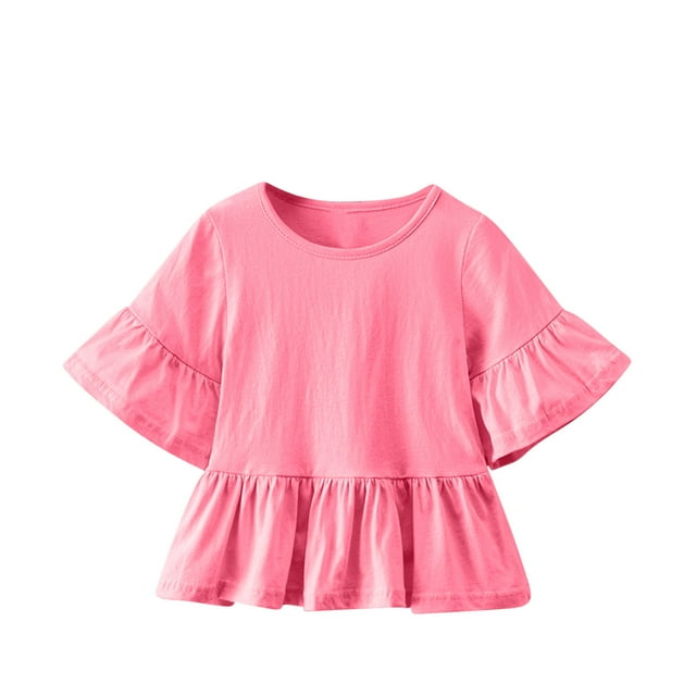 Plebaso Hauts de Robe pour Filles en Coton à Manches Courtes Évasées, Chemises à Volants pour Tout-Petits, Col Rond Décontracté, Blouse Mignonne pour Enfants