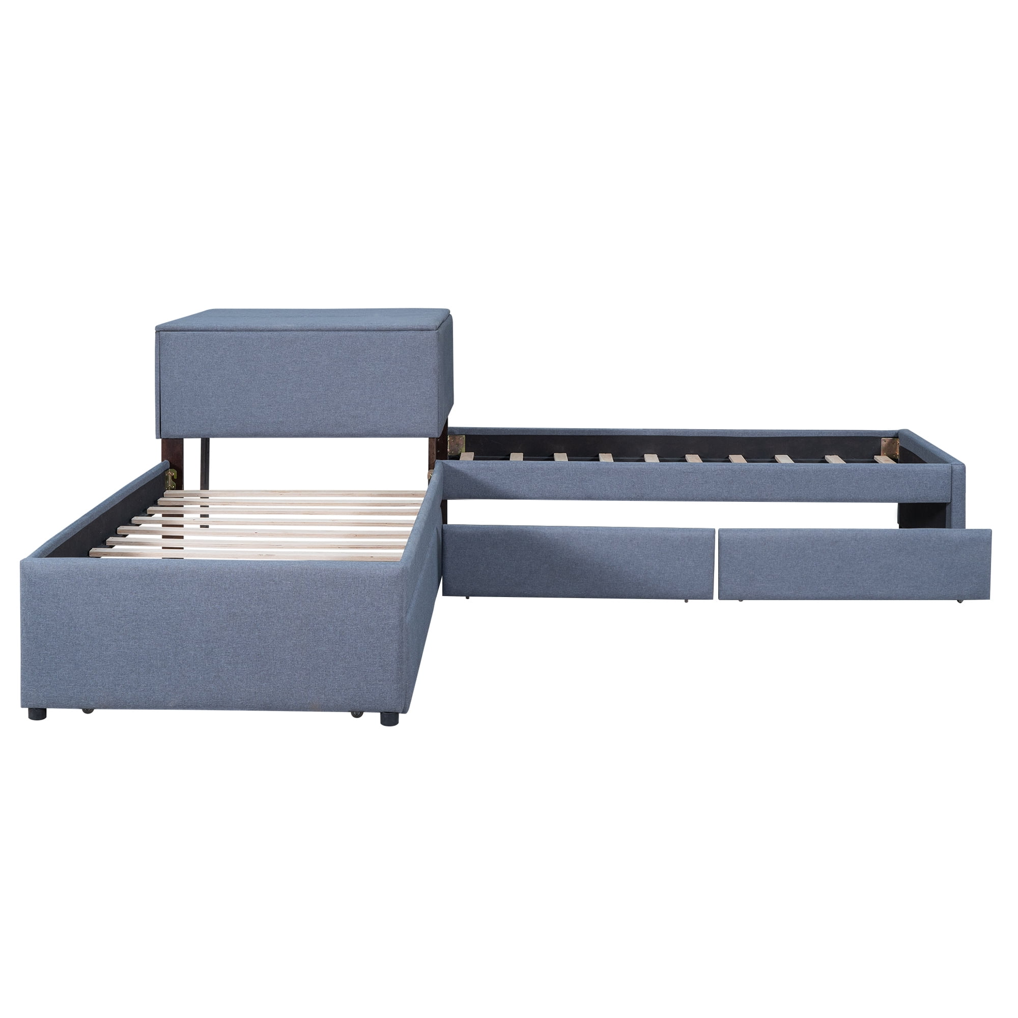 EUROCO Upholstery L-Shaped Twin Platform Bed with Drawers and Trundle,Square Table for Bedroom