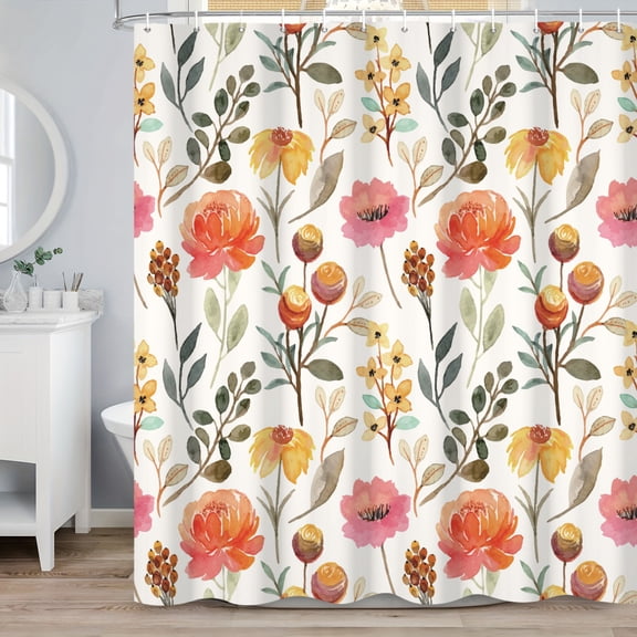 SUNOLIFE Watercolor Floral Shower Curtain,Spring Flowers Plants Waterproof Fabric Bathroom Curtain with Hooks,72x72 in