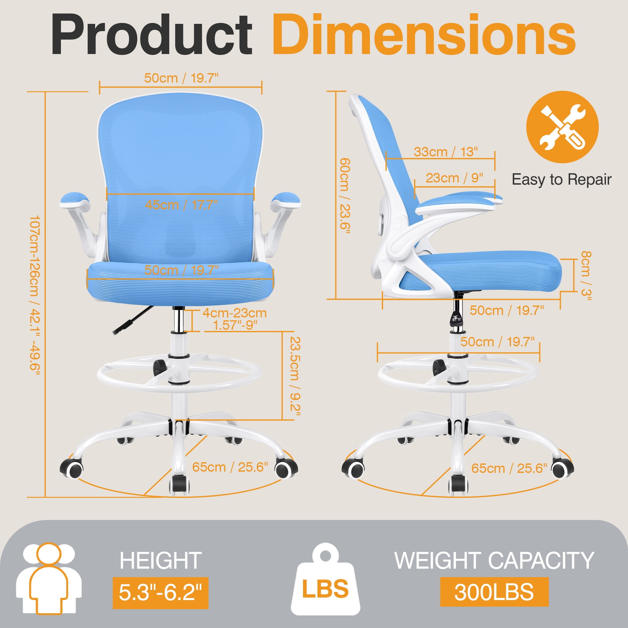 ATHOPE Ergonomic Office Chair, Mesh Desk Chair with Lumbar Support, Tall Office Chair with Flip-Up Armrests and Footrest Ring, Adjustable Computer Chair for Standing Desk Home Office, Blue