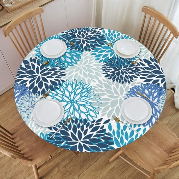 Blue and Navy Chrysanthemum Flowers Tablecloth with Elastic Edge, Round Table Cloth Daisy Floral Washable Reusable Table Cover for Kitchen Dining Party Picnic, Small (Suitable for 40-44 in)