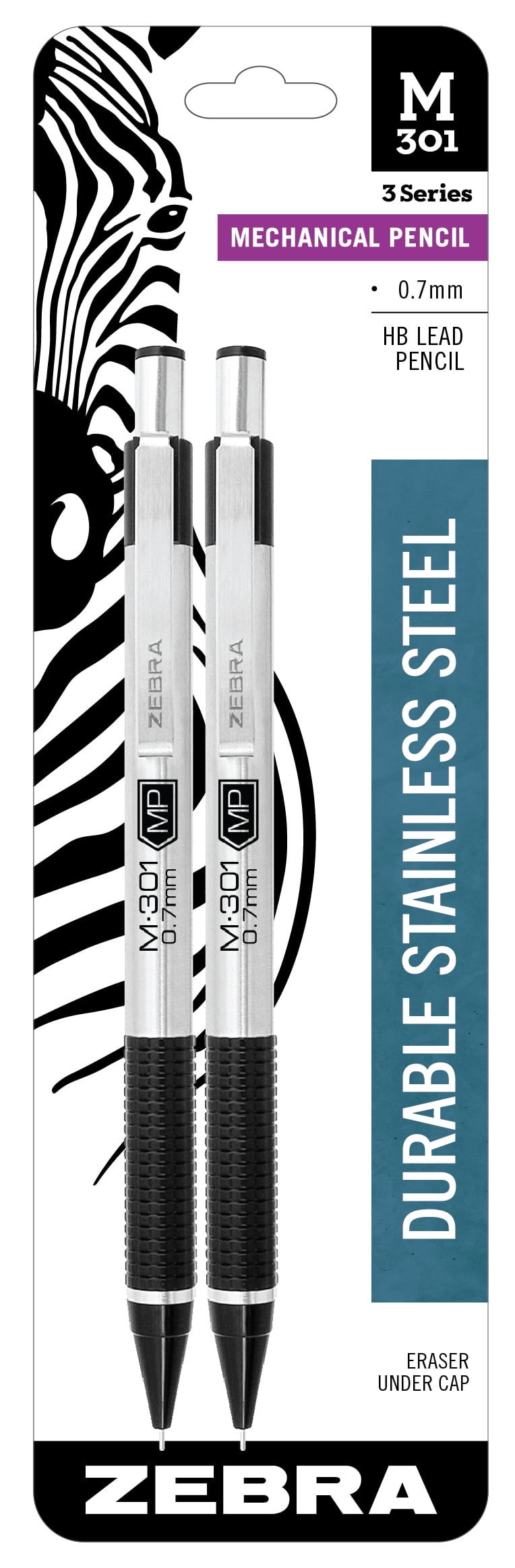 Zebra Pen M-301 mechanical pencil, 0.7mm, HB #2 graphite, black grip, 2-pack
