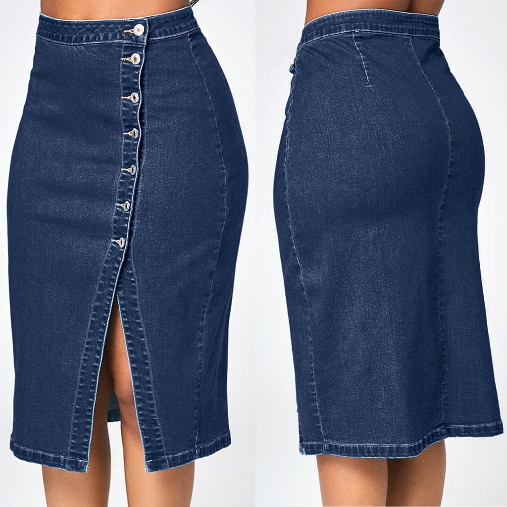 Tangnade Clothing Women Fashion Denim Pencil Skirt High Waisted Blow Knee Blue Jeans Skirts