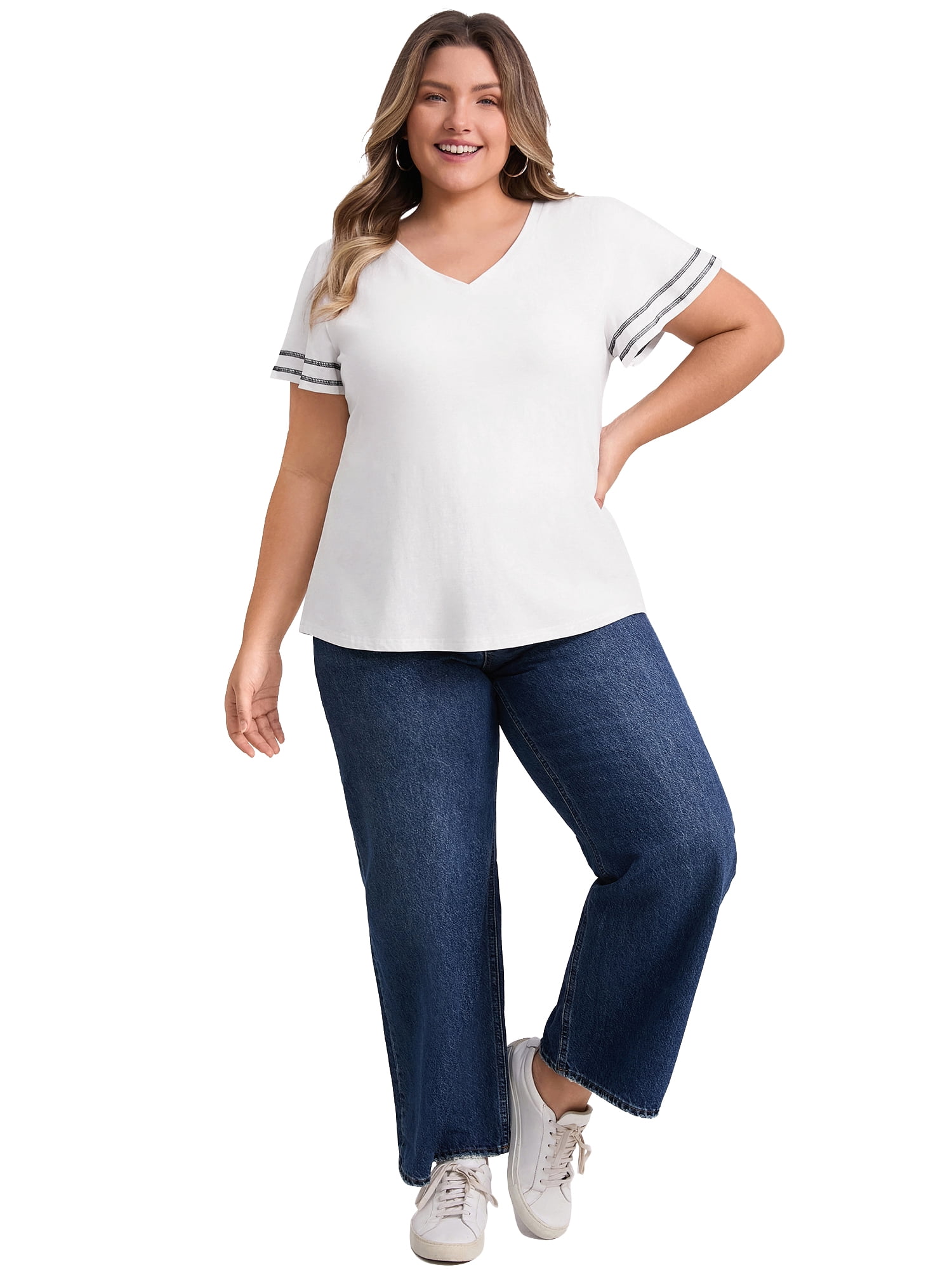 DARING DIVA Women's Plus Striped T Shirts Loose Fit Color Block Blouses 4X White