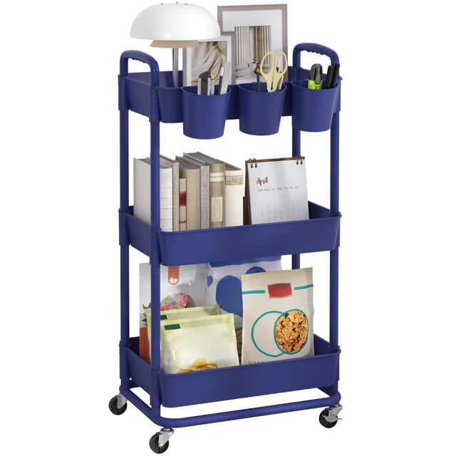 Carrito utilitario JIUYOTREE de plástico de 3 niveles, color azul enrollable
