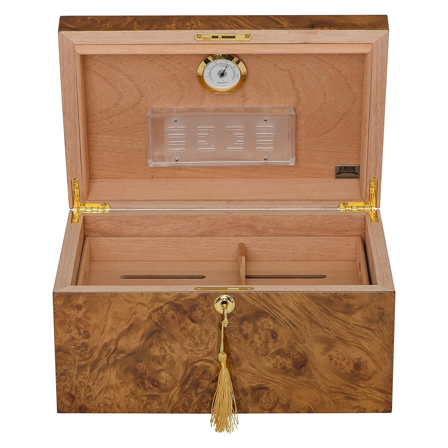 Humidor Supreme Arcos Desktop Cigar Storage Rustic Red Burl Wood, Holds 40-70 Cigars