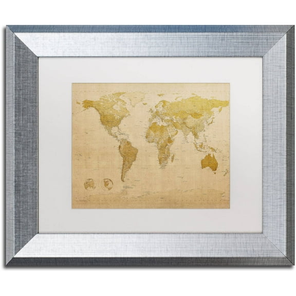 Trademark Fine Art "Antique World Map" Canvas Art by Michael Tompsett White Matte, Silver Frame