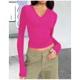 thumbnail image 1 of Diconna Women's Spring Autumn Crop Tops Solid Color Long Sleeve V Neck Short Slim T-shirt, 1 of 2