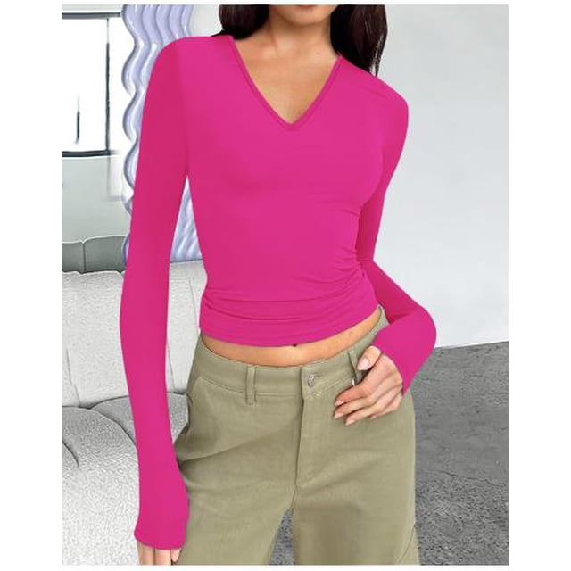 Diconna Women's Spring Autumn Crop Tops Solid Color Long Sleeve V Neck Short Slim T-shirt