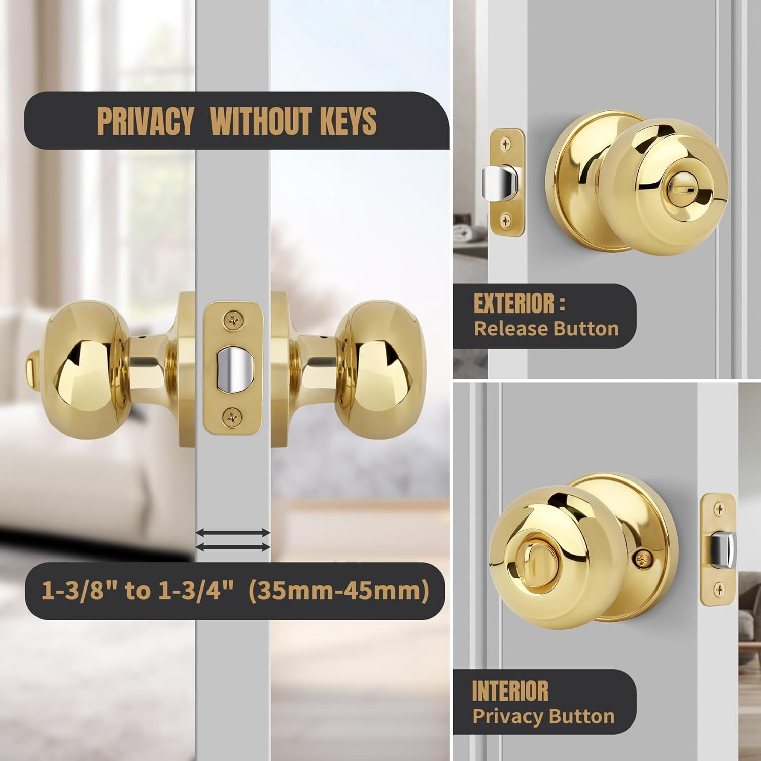 Keyless Privacy Door Knob, Flat Ball Interior Door Knob, Round Locking Doorknob for Bedroom/Bathroom Doors, Polished Brass