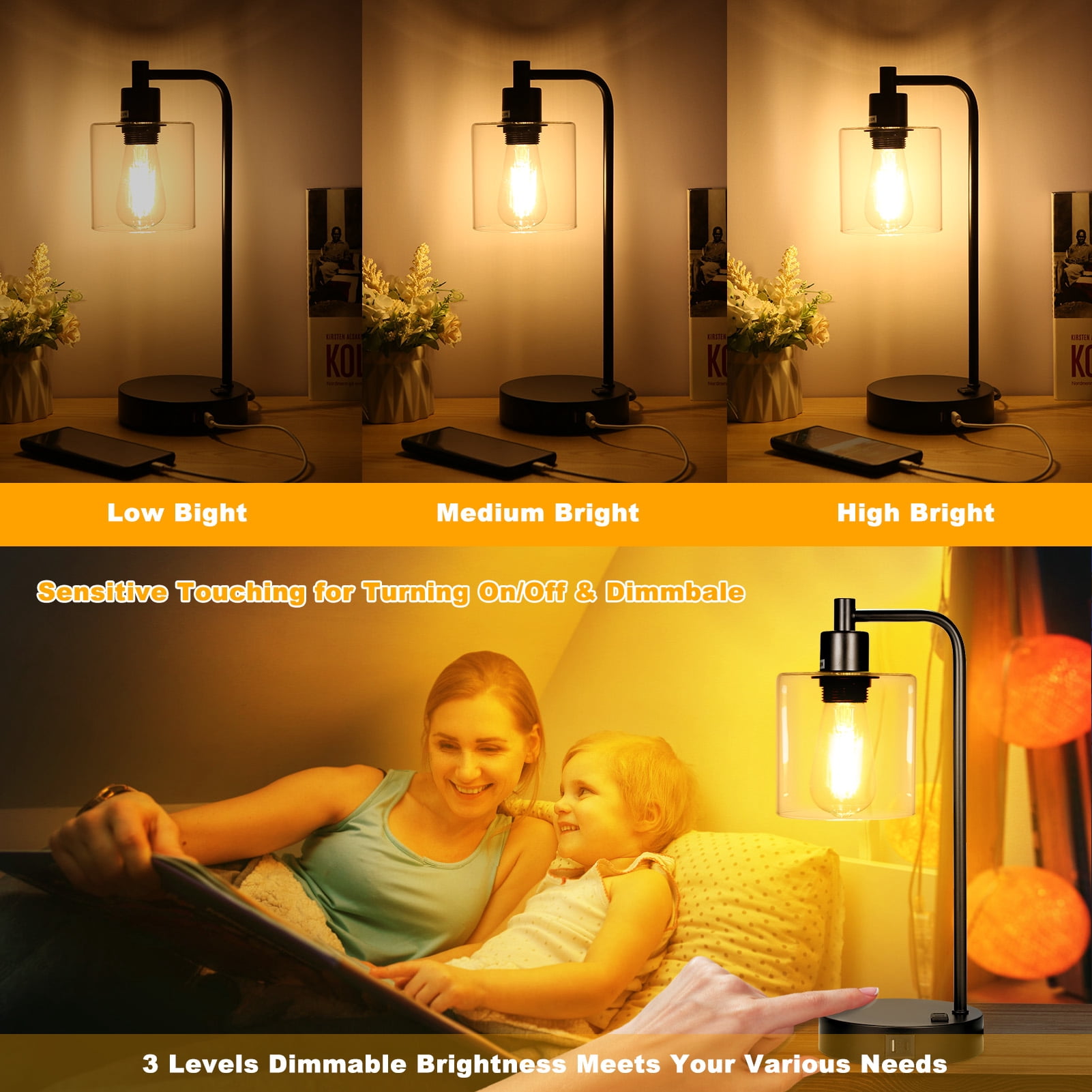 Nosilbek  Industrial Touch Table Lamps for Bedrooms Set of 2, 3-Way Dimmable Nightstand Lamps with USB C+A Ports and Outlet, Black Bedside Lamps with Glass Shade for Living Room Home Office