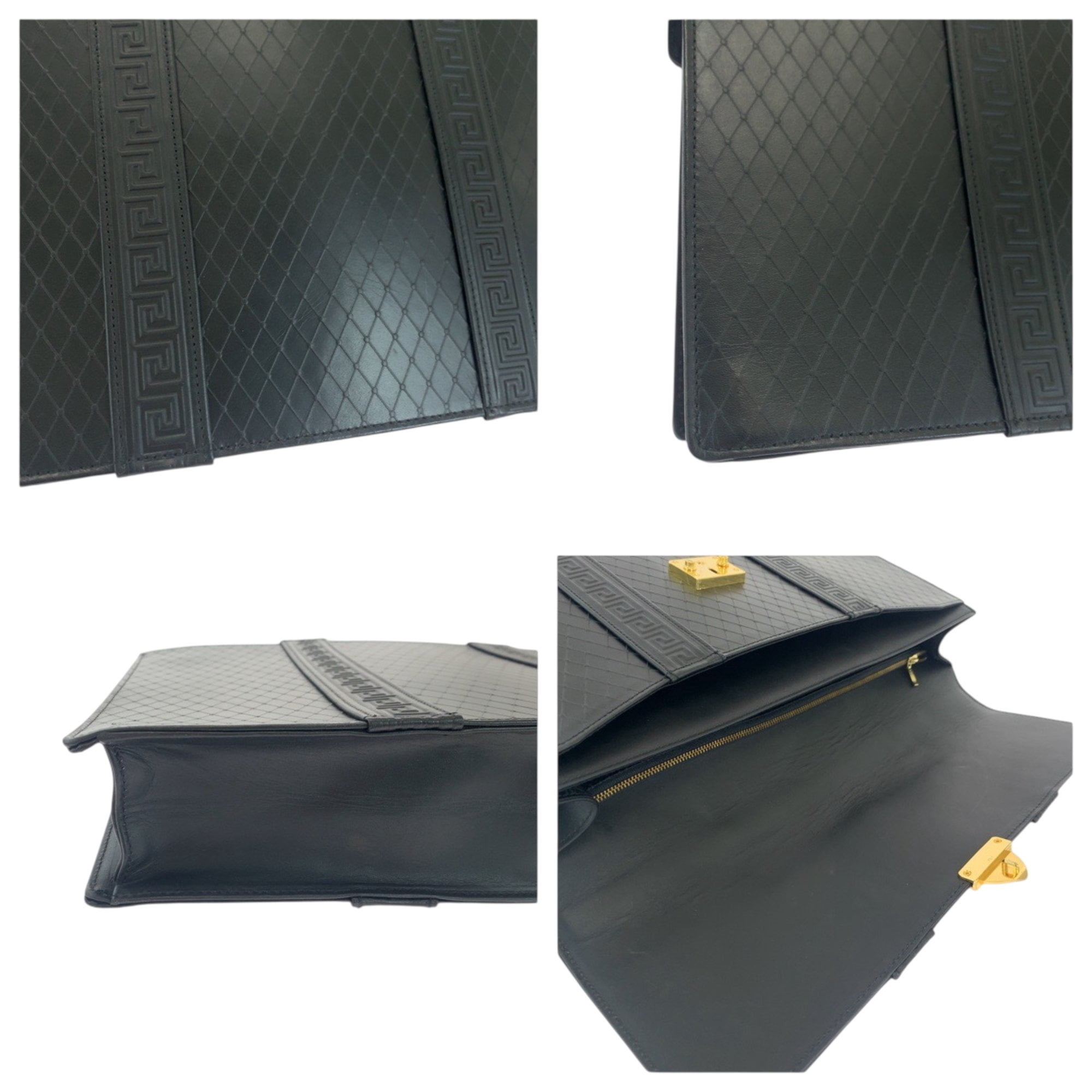 Pre-Owned Gianni Versace Vintage Sunburst Black Leather Business Briefcase with Gold Hardware...