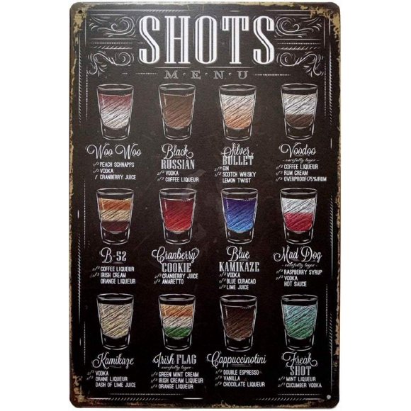 Shots Menu Metal Sign Retro Bar Signs Vintage Tin Sign Man Cave Home Decor 12"x 8"