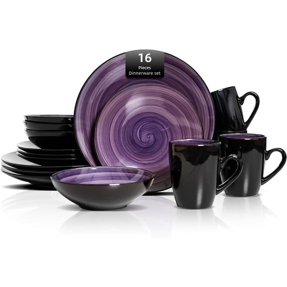 Sonoma 16-Piece Dinnerware Set - Serves 4, Black and Speckled Purple Plates & Bowls Set | Microwave & Dishwasher Safe, Spinwash Purple