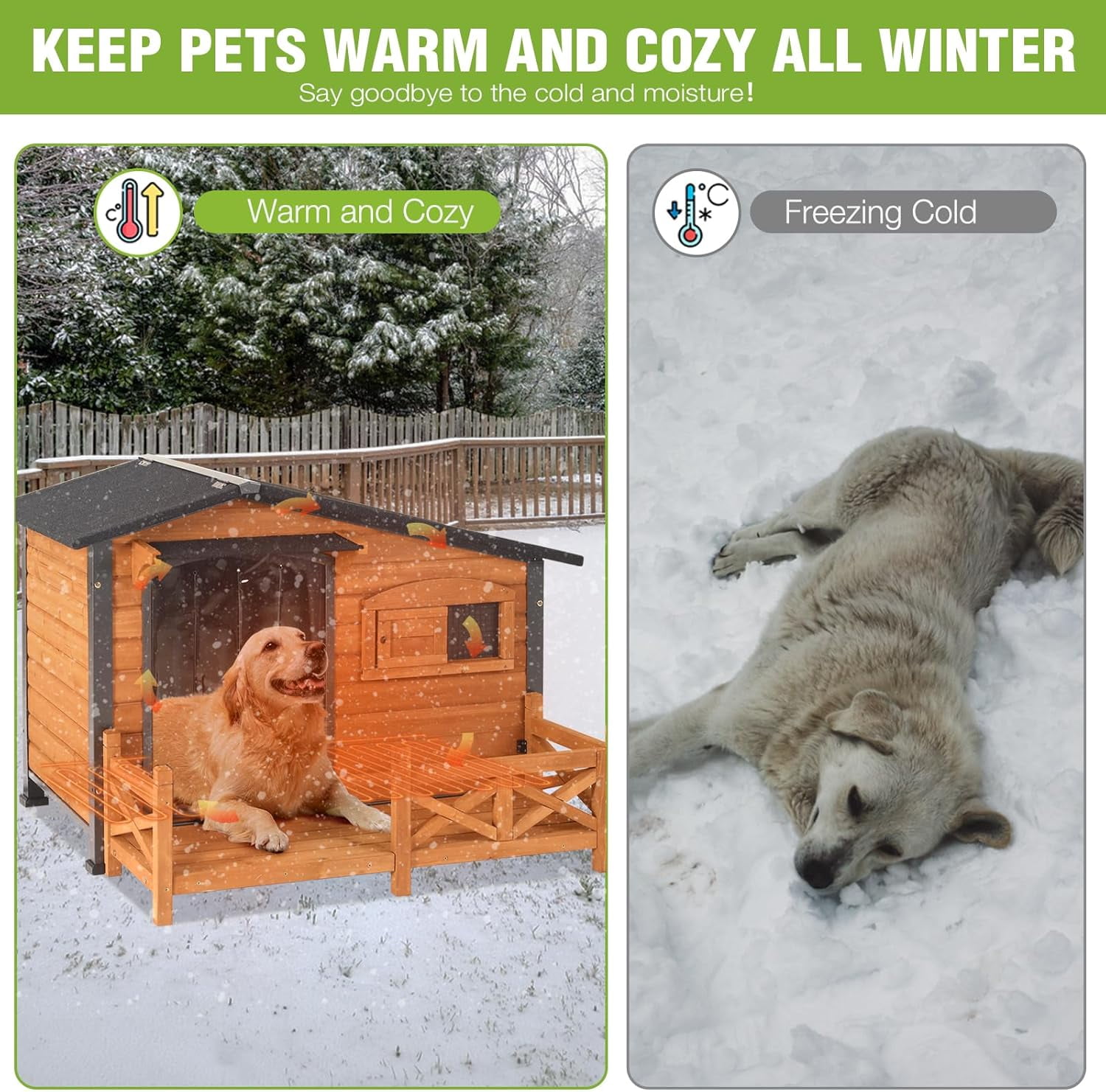 MEDEHOO Large Heated Dog House Outdoor Dog Kennel Safe Winter Shelter with Thermostat-Controlled Heating Pad, Chew-Proof Metal Frame and 6-Sided Insulated Liner for Small to Large Dogs (Brown)