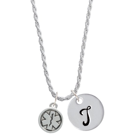 Delight Jewelry Silvertone Round EMT Star of Life Silvertone Script Initial Disc - T - Charm Necklace, 20"+3"