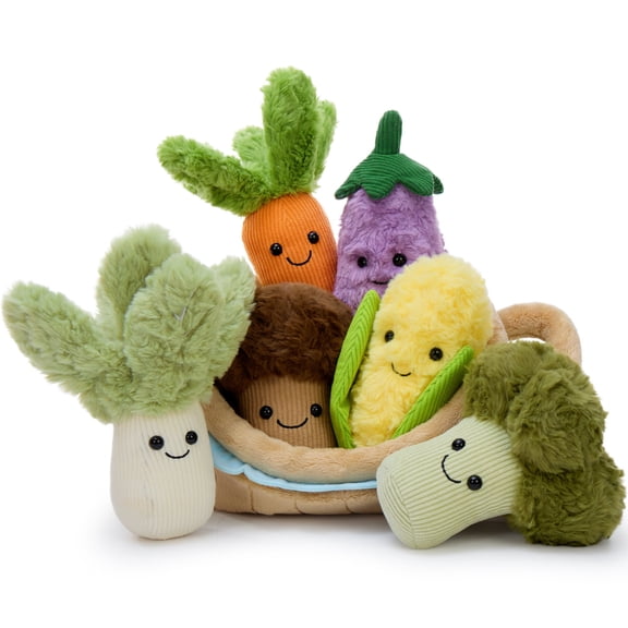Muiteiur 7Pcs Fruit and Vegetable Stuffed Toy 5.5" Farm Plush Toy(Carrots/Cabbages/Eggplants/Broccoli/Corn/Mushrooms)